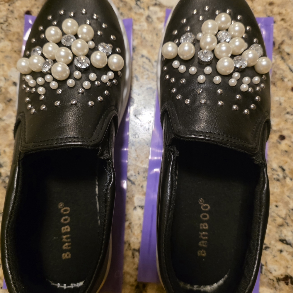 BAMBOO Womens Black Loafer Style Shoes with Pearl Embellishments